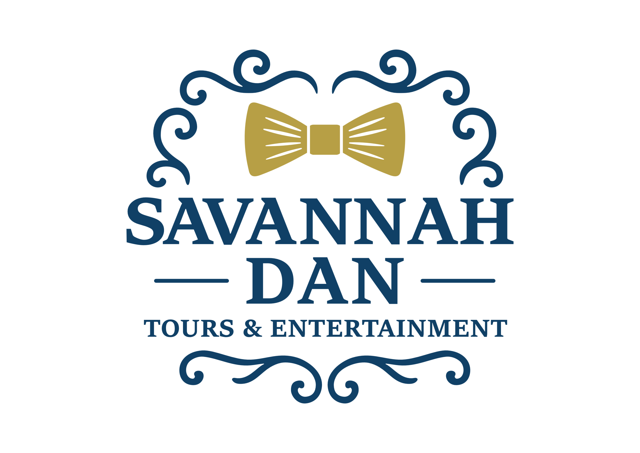 Savannah Dan Tours and Entertainment logo featuring a gold bowtie and decorative design elements