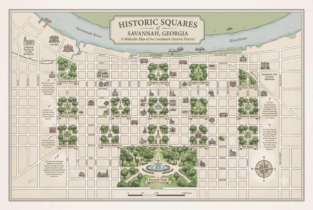 Map of historic squares in Savannah, Georgia, highlighting Forsyth Park, with detailed pathways and landmarks