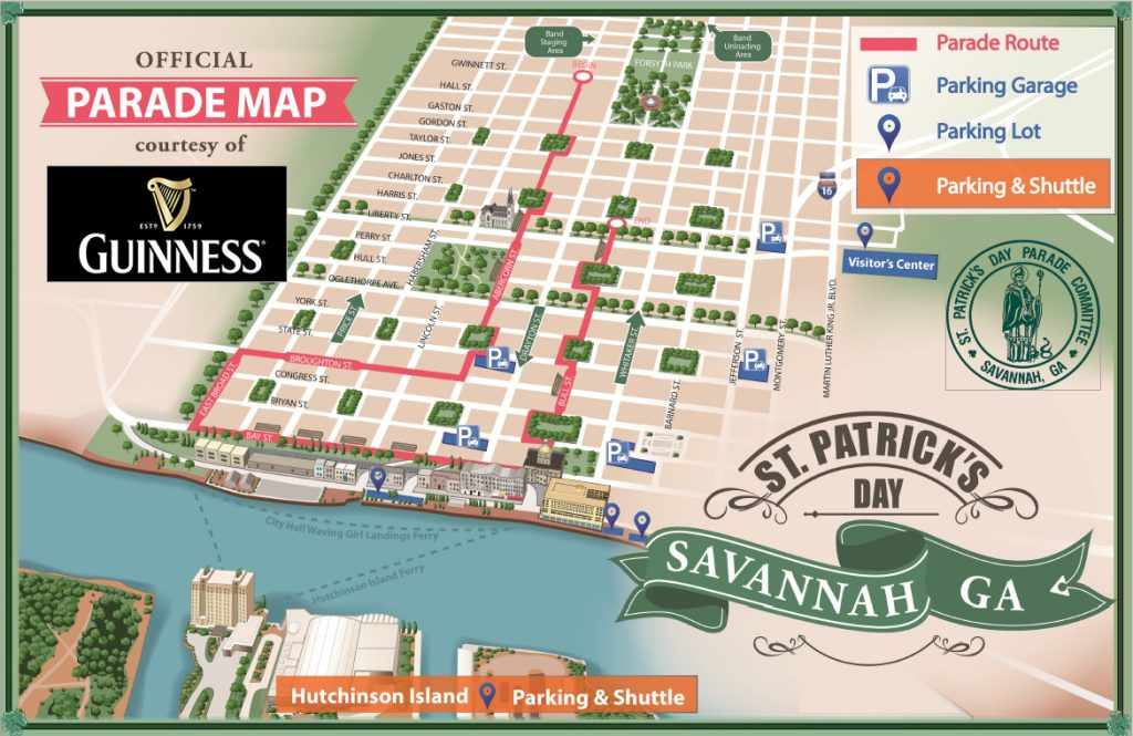 St. Patrick's Day parade map Savannah GA, showing route, parking, shuttle locations sponsored by Guinness