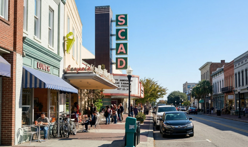 Street view with SCAD theater marquee, people dining outside Leopold's, and parked cars in a historic district